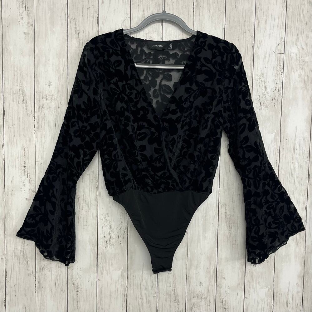 Mink Pink Black Floral Burnout Velvet Bodysuit Long Bell Sleeve Goth Romantic